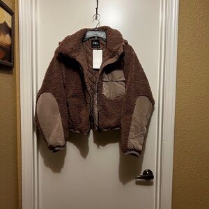 ZARA Brown Sherpa Cropped Jacket NWT